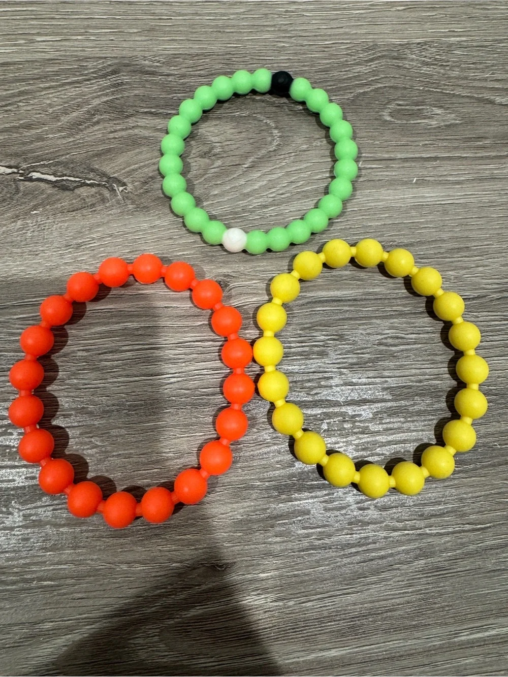 3 Rubber Bead Bracelets - Green, Yellow & Orange - Good Condition